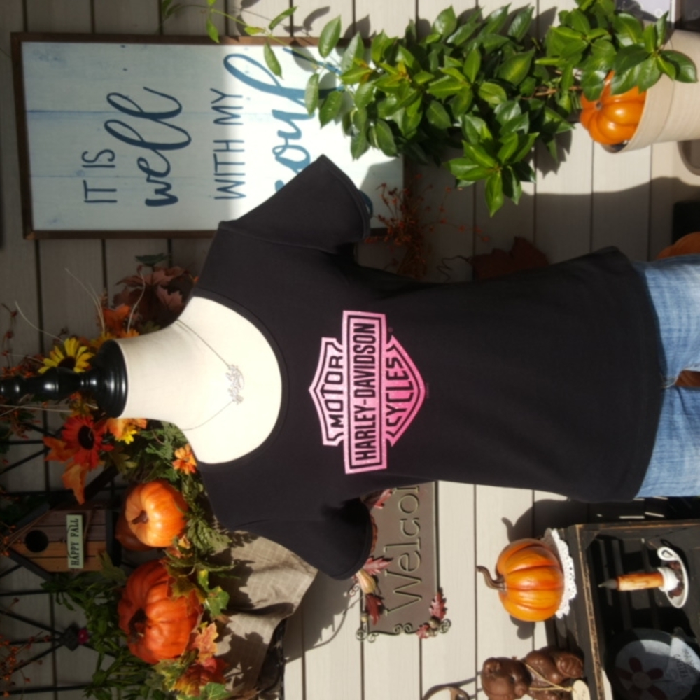 HARLEY-DAVIDSON ♡ Gorgeous Black|Pink Bar 'n Shield Thick Short Sleeve H-D Top M